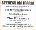 Cisco and the Dynamites und Blizzards lernten sich 1963 in der Tanzhalle von Gastwirt Carl Miosga, Hamburg-Hamm, kennen. Das ist nicht verwunderlich, zumal Cisco dort sozusagen zu Hause war. Verwunderlich ist es eher, dass sich Rhythm Brothers und Blizzards nicht erstmalig auf halbem Wege zwischen Stade und Cuxhaven bei Hein Ohl in Warstade (heute Hemmoor, Landkreis Cuxhaven) begegneten, wo beide Gruppen schon in den frhen Sixties oft gastierten. Stattdessen gab es das erste Treffen zwischen der Cuxhavener und der Stader Band in Bremerhaven. In den Jahren 1962 - 1964 gab es bei Seebeck auch gemeinsame Wochenden "Twist ohne Pause mit The Rhythm Brothers und The Blizzards". Eine heitere Wiederbegegnung zwischen Bernd Zamulo und mir gab es 1966 im Deinster "Haus der Starbands". Bernd gehrte mittlerweile zu den Lords und ich vorbergehend (Bundeswehrzeit) zu den Minstrels.