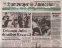 In der Wiederverffentlichung der Titelseite des Hamburger Abendblatts vom 27. Juni 1966 wird zwar kurz berichtet, dass 12.000 Zuschauer das Konzert der Beatles in der Ernst-Merck-Halle besuchten, aber kein Wort ber den Inhalt und Verlauf der Veranstaltung verloren!
Es wurden ausschliesslich die Krawalle nach dem Konzert in der Stadt geschildert.